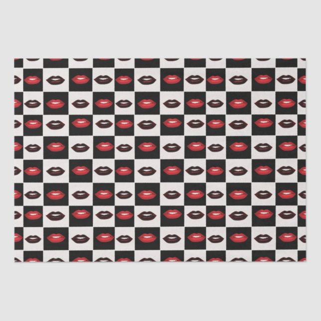 Retro Vibes Red Lips Black and White Checkerboard Tissue Paper (Front)