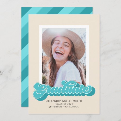 Retro Vibes Teal Photo Graduation Announcement