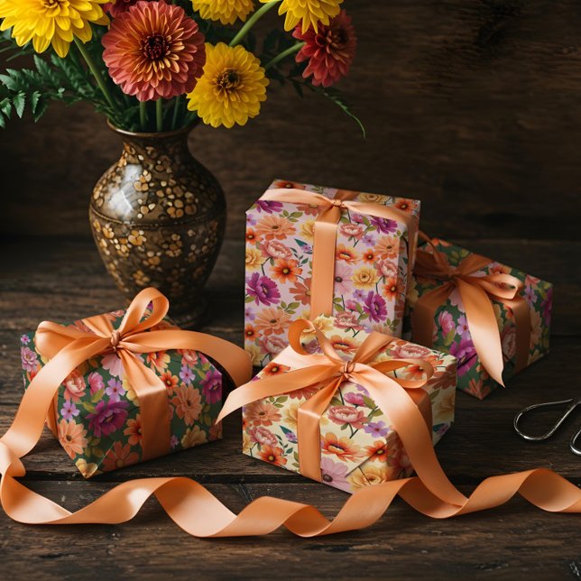 Retro Vibrant Botanical Floral & Foliage Pattern Wrapping Paper Sheets (Retro Vibrant Botanical Floral & Foliage Pattern Wrapping Paper Sheets)