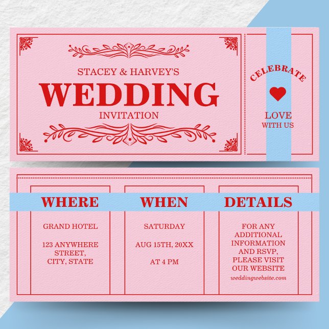 Retro Vibrant Color Block Red Pink Blue Aesthetic Invitation (Color block vibrant Bold Wedding suite - pink, red, blue)