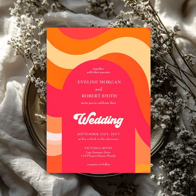 Retro vibrant colors waves groovy font wedding invitation (Retro vibrant colors waves groovy font wedding invitation)