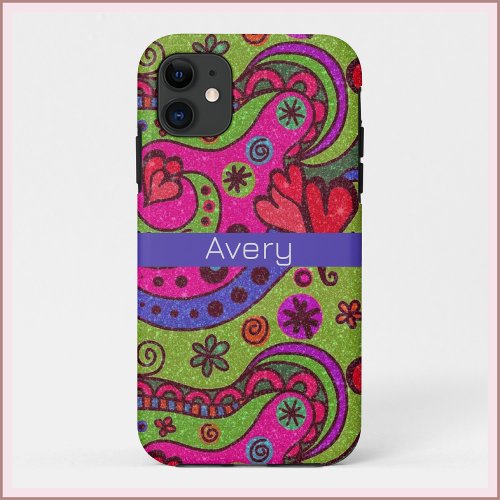 Retro Vibrant Hearts and Flowers Colorful iPhone 11 Case