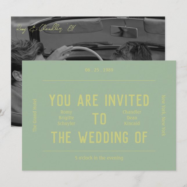 Retro Vibrant Monochrome Green Wedding  Invitation (Front/Back)