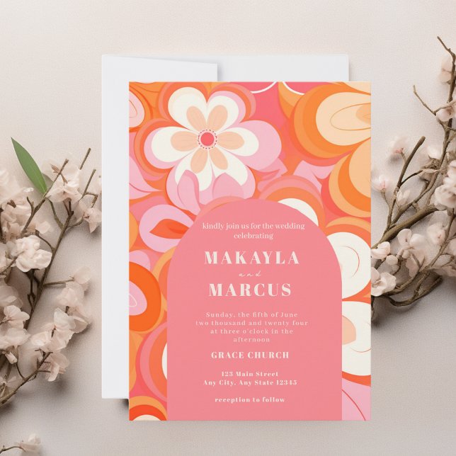 Retro Vibrant Pink Arch Wedding Invitation (Creator Uploaded)