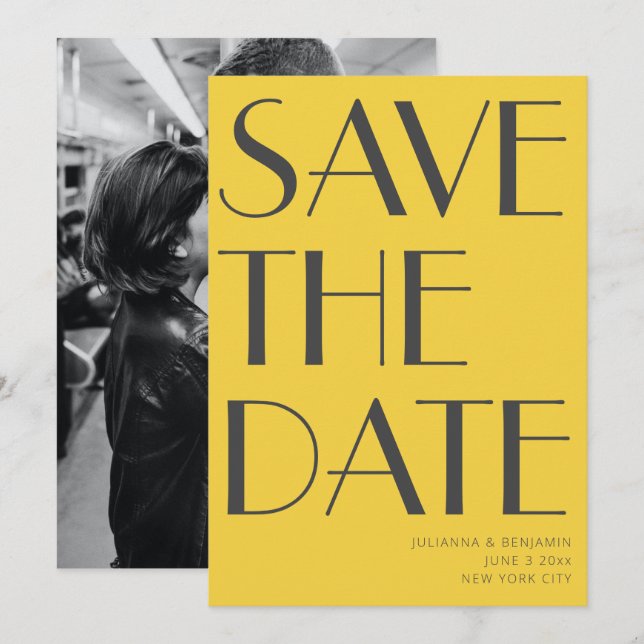 Retro Vibrant Yellow Art Deco Editorial Chic Photo Save The Date (Front/Back)