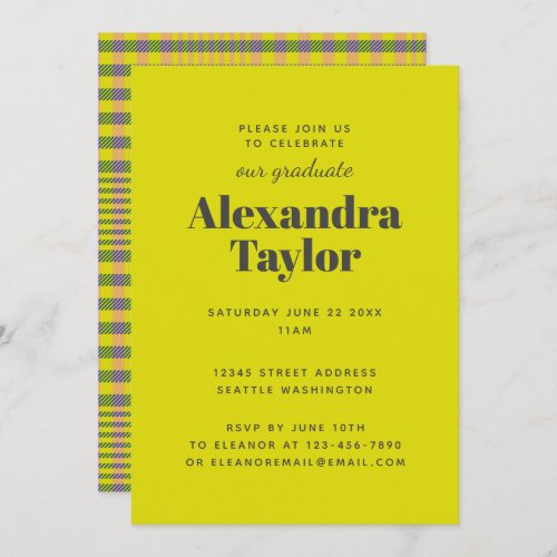 Retro Vibrant Yellow Plaid Pattern Graduation  Invitation