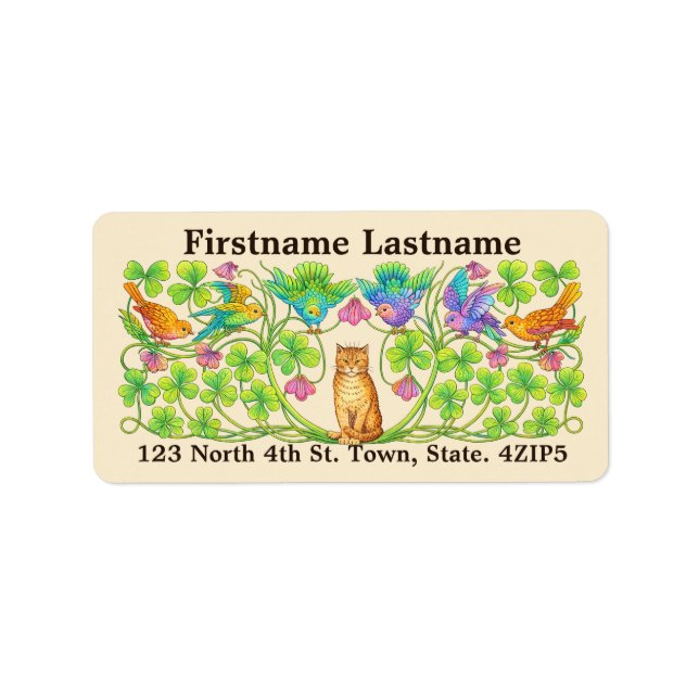 Retro Victorian Era Cat, Clover & Birds Label (Front)