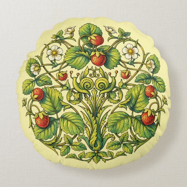 Retro Victorian Era Strawberries & Snails Round Pillow (Front)