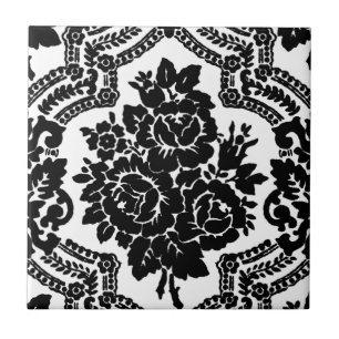 Retro victorian floral print, black and white. ceramic tile