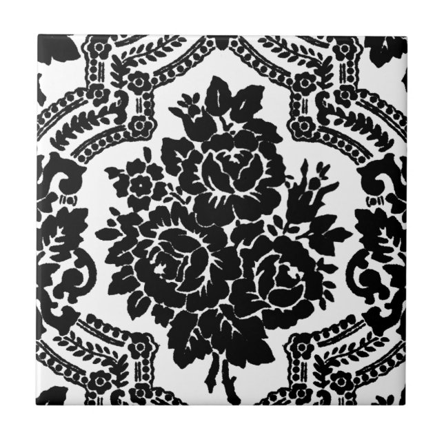 Retro victorian floral print, black and white. ceramic tile (Front)