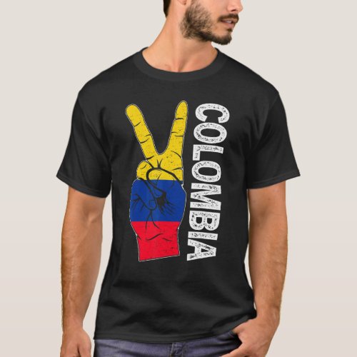 Retro Victory Two Fingers Colombia Flag Patriotic T_Shirt