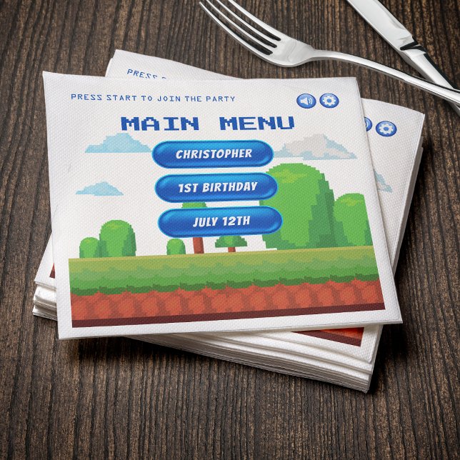 Retro Video Game Menu 1st Birthday Party Napkins (Creator Uploaded)