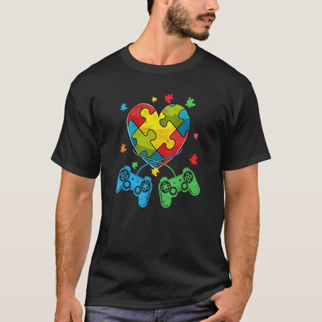 Retro Video Game Puzzle Piece Autism Awareness  T-Shirt (Front)