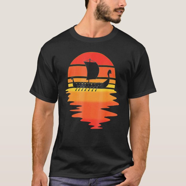 Retro Viking Ship   Cool Water Sunset Ancient Nors T-Shirt (Front)