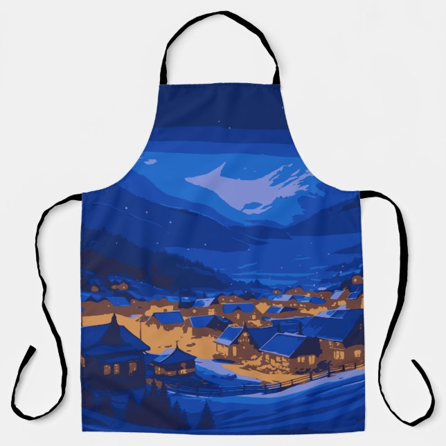 Retro Village Mountain Blue Gold Landscape  Apron (Front)