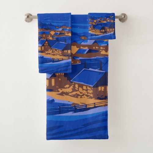 Retro Village Mountain Blue Gold Landscape  Bath Towel Set