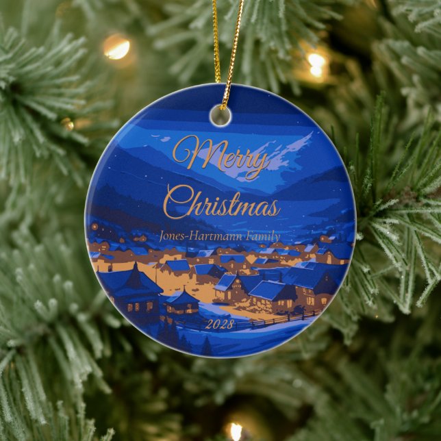 Retro Village Mountain Blue Gold Landscape  Ceramic Ornament (Tree)