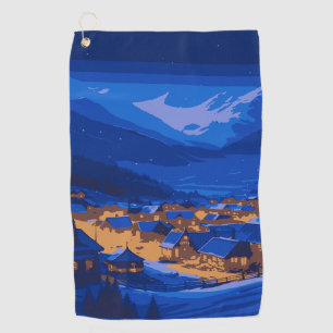 Retro Village Mountain Blue Gold Landscape  Golf Towel