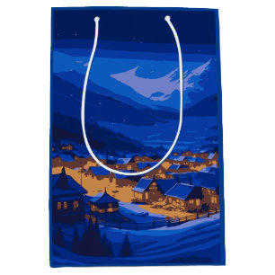 Retro Village Mountain Blue Gold Landscape Medium Gift Bag