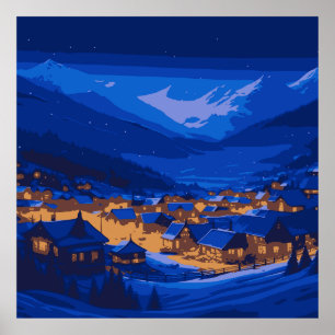 Retro Village Mountain Blue Gold Landscape Poster