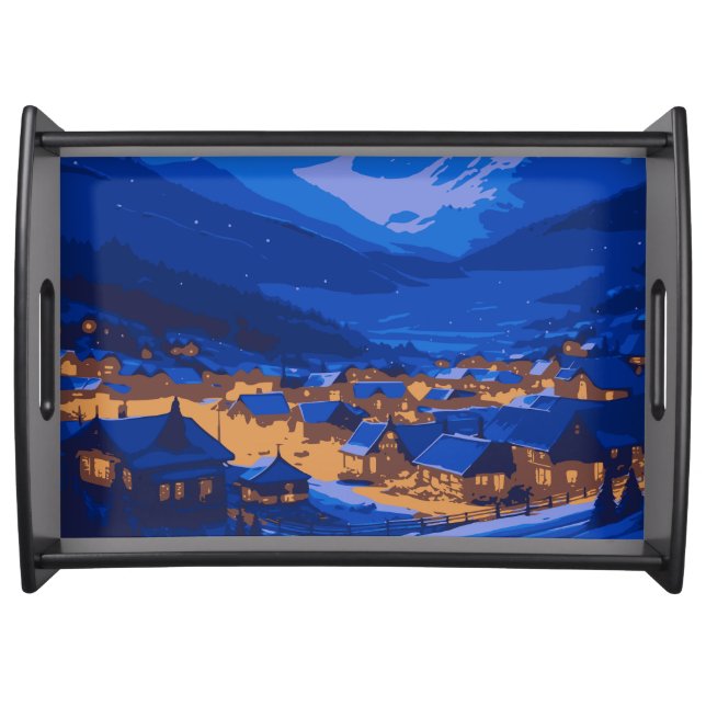 Retro Village Mountain Blue Gold Landscape  Serving Tray (Front)