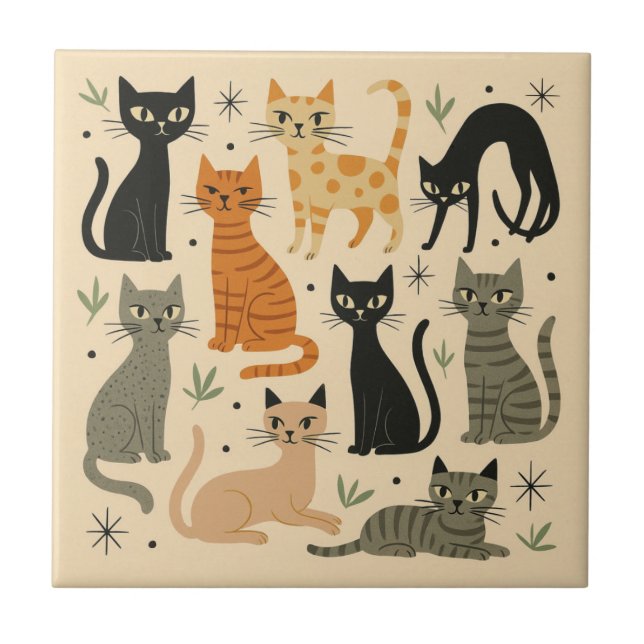 Retro Vintage 1950s Cat Pattern Ceramic Tile (Front)