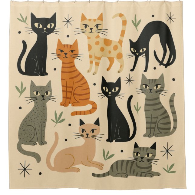 Retro Vintage 1950s Cat Pattern Shower Curtain (Front)