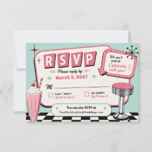 Retro Vintage 1950's Diner Checkered Floor Wedding RSVP Card
