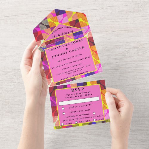 Retro Vintage 1980s Colorful Pattern Wedding All I All In One Invitation