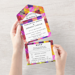 Retro Vintage 1980s Colorful Pattern Wedding All In One Invitation