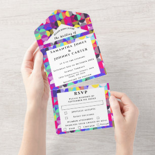 Retro Vintage 1980s Colorful Pattern Wedding All In One Invitation
