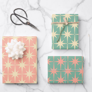 Retro Vintage 50s Atomic Star Patterns Mint Pink Wrapping Paper Sheets