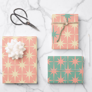 Retro Vintage 50s Atomic Star Patterns Pink Mint Wrapping Paper Sheets