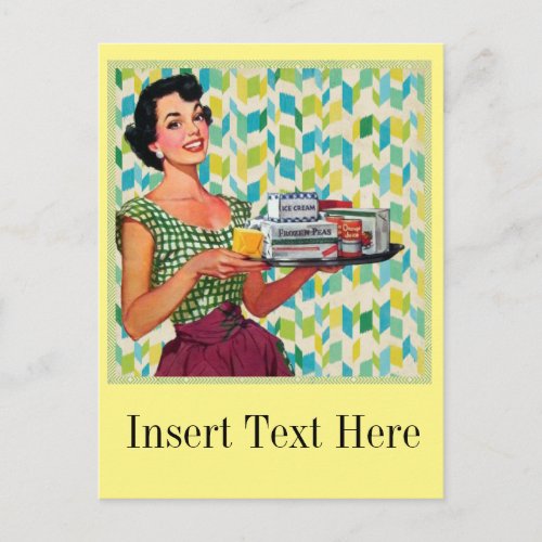 Retro Vintage 50s Housewife Holding Food Postcard