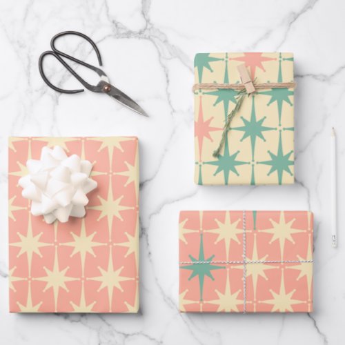 Retro Vintage 50s Star Pattern Blush Pink and Mint Wrapping Paper Sheets