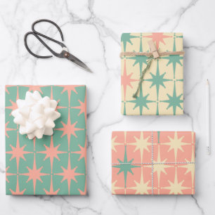 Retro Vintage 50s Star Patterns in Teal Mint Blush Wrapping Paper Sheets