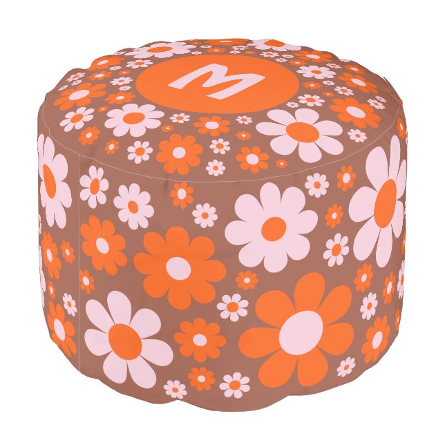 Retro Vintage 70s Daisy Orange Personalized Pouf (Angled Back)