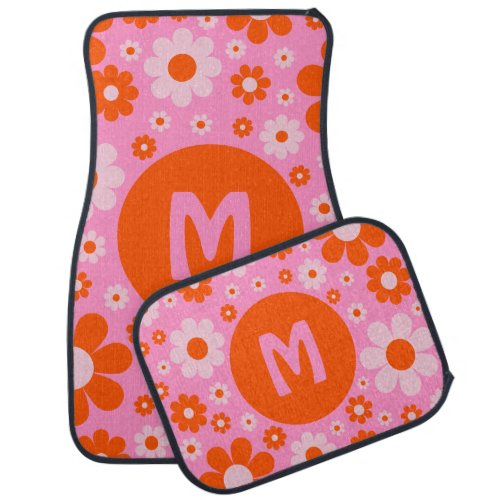 Retro Vintage 70s Daisy Orange Pink Personalized  Car Floor Mat