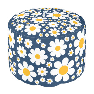 Retro Vintage 70s Daisy Pattern Navy Blue Pouf