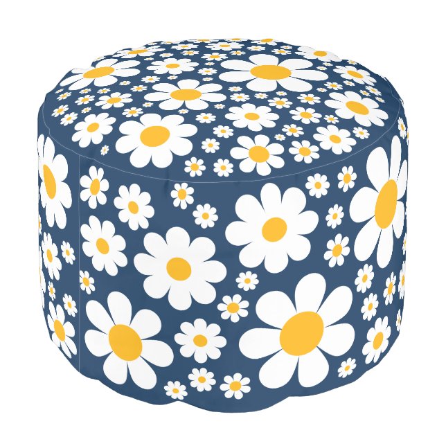Retro Vintage 70s Daisy Pattern Navy Blue Pouf (Angled Back)