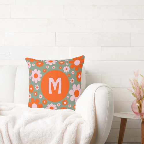 Retro Vintage 70s Daisy Pattern Orange Green Throw Pillow