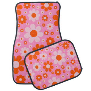 Retro Vintage 70s Daisy Pattern Orange Pink Car Floor Mat
