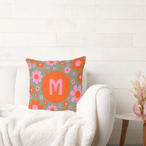 Retro Vintage 70s Daisy Pattern Orange Pink Green Throw Pillow