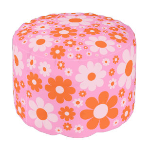 Retro Vintage 70s Daisy Pattern Orange Pink Pouf