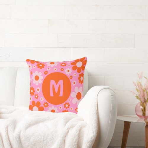 Retro Vintage 70s Daisy Pattern Orange Pink Throw Pillow