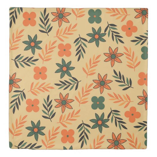 Retro Vintage 70s Floral Flower Leaves Pattern Duvet Cover