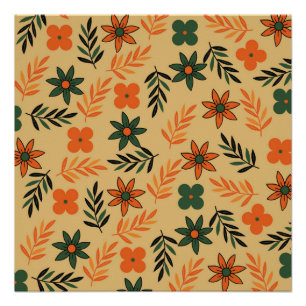 Retro Vintage 70s Floral Flower Leaves Pattern Poster