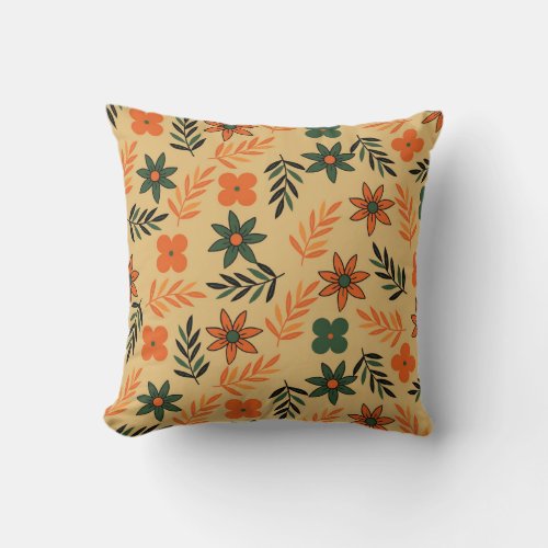 Retro Vintage 70s Floral Flower Leaves Pattern Throw Pillow