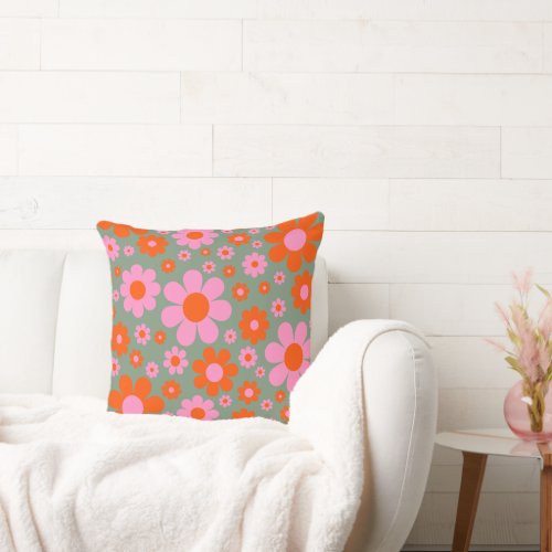 Retro Vintage 70s Floral Pattern Orange Pink Green Throw Pillow