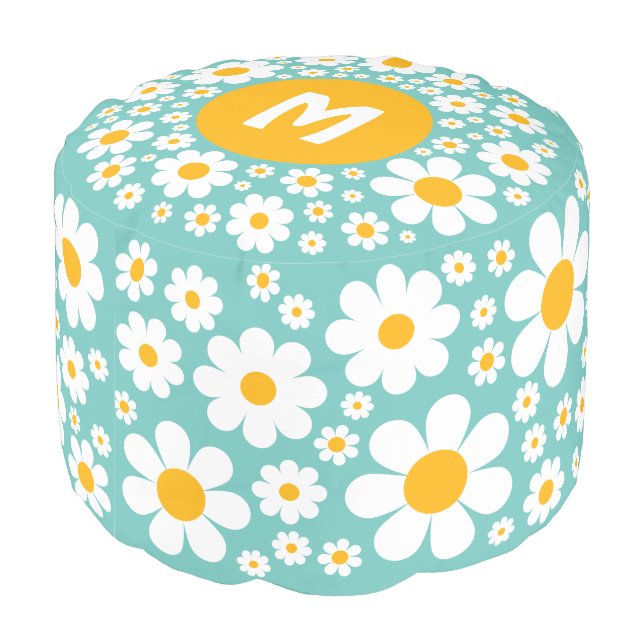 Retro Vintage 70s Groovy Daisy Personalized Pouf (Angled Back)